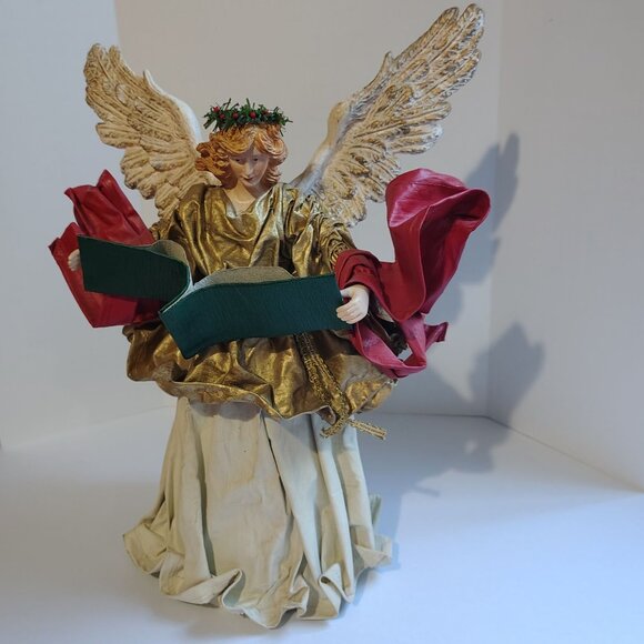 Antique Angel Figurine With Wings Holding Green Scroll & Red Ribbon Accents - Picture 3 of 16